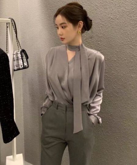 있음 선적 사이즈 업데이트 한국 chic 봄 미니멀리즘 스트랩 리본 V넥 긴팔 셔츠
