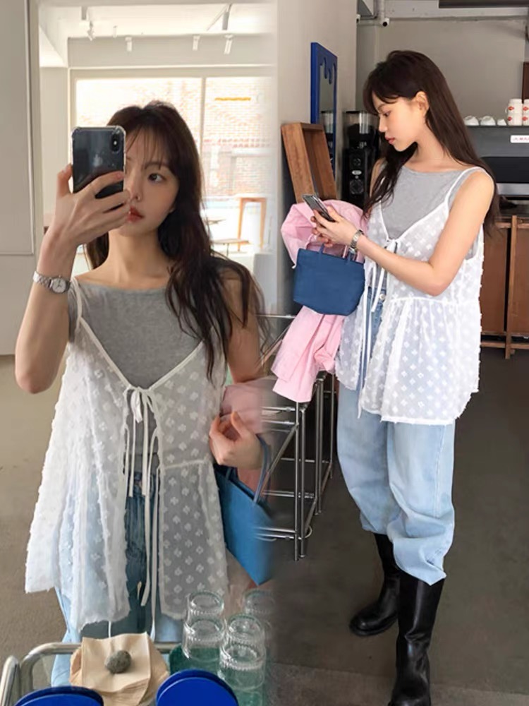 있음 선적 사이즈 업데이트 한국 chic 봄 여름 새로운 작은 청신 망사 스택 착용 캐미솔