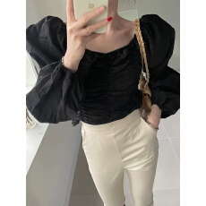批发已出货尺码已更新<b class='q'>韩国</b>chic褶皱露肩泡泡袖衬衫女修身显瘦衬衣