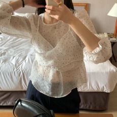 批发<b class='q'>韩国</b>chic春夏甜美薄款波点假两件后背蝴蝶结衫