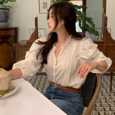 批发已出货尺码更新韩国chic新款<b class='q'>春</b>季木耳边泡泡袖衬衫