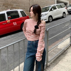 批发已出货尺码更新韩国chic春季条纹露肩<b class='q'>长袖</b><b class='q'>T</b><b class='q'>恤</b>女显瘦百搭上衣