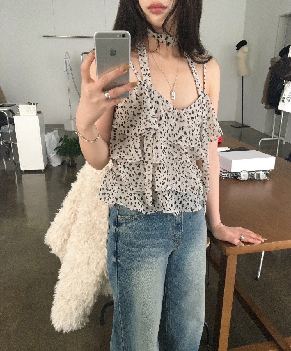 있음 선적 사이즈 업데이트 한국 chic 여름 새로운 섹시함 레오파드 무늬 연꽃 잎 행침 목 다용도 캐미솔