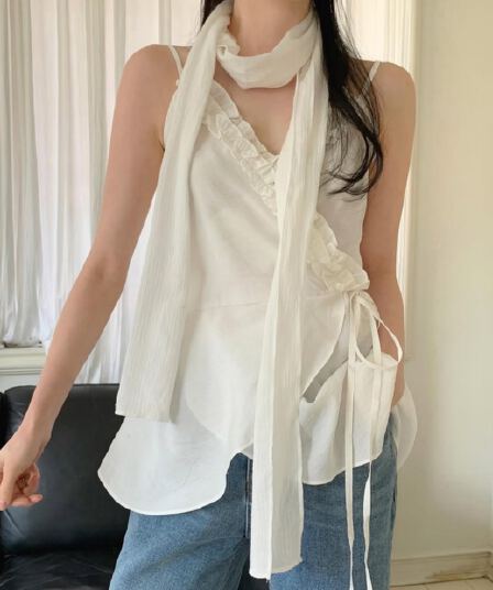 있음 선적 사이즈 업데이트 한국 chic 여름 새로운 목이버섯 레이스 칼라 불규칙 경 사진 레이스업 캐미솔