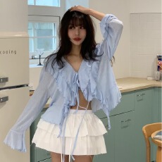 已出货尺码更新韩国chic夏季新款甜美V领系带喇叭袖长袖开衫