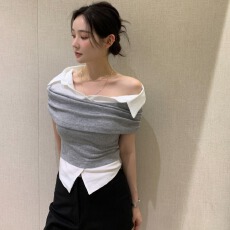 批发已出货尺码更新韩国chic夏季新款显瘦设计感气质衬衫拼接<b class='q'>短袖</b>衫