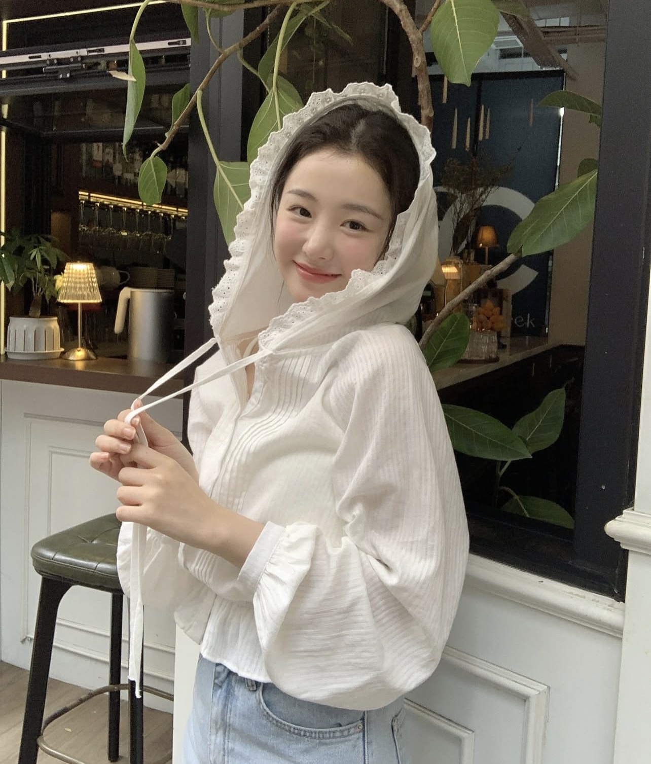 있음 선적 사이즈 업데이트 한국 chic 새로운 디자인 센스 밴딩 허리 수축 후드 레이스 레이스 긴 소매 셔츠