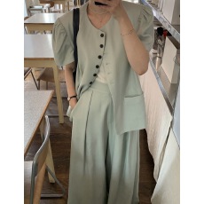 批发已出货尺码更新韩国chic夏季新款短袖<b class='q'>外套</b>上衣＋阔腿<b class='q'>显瘦</b>长裤套装