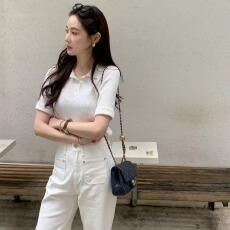 批发已出货尺码更新韩国chic夏季新款翻领半袖针织衫女显瘦百搭上衣