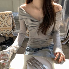 批发<b class='q'>韩国</b>chic春夏新款薄款褶皱一字领性感露肩气质百搭衫