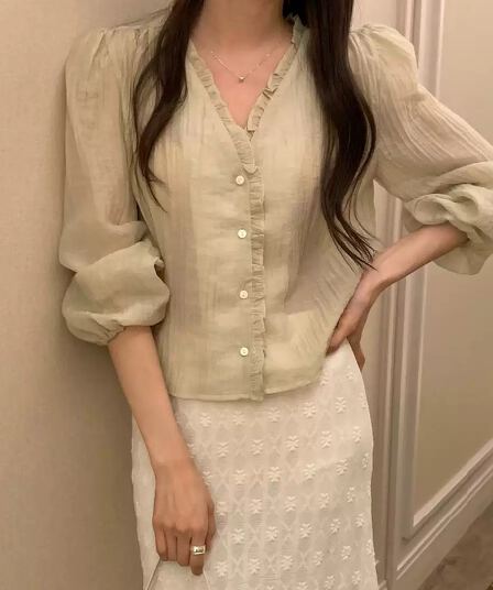 있음 선적 사이즈 업데이트 한국 chic 봄 여름 신제품 달콤함 목이버섯 레이스 긴팔 셔츠