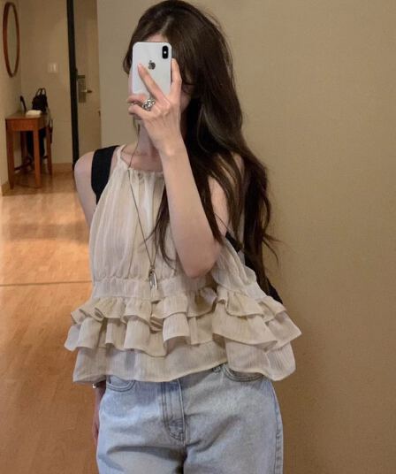 있음 선적 사이즈 업데이트 한국 chic 여름 새로운 얇은 스타일 달콤함 품격 다중 레이어 레이스 진자 캐미솔