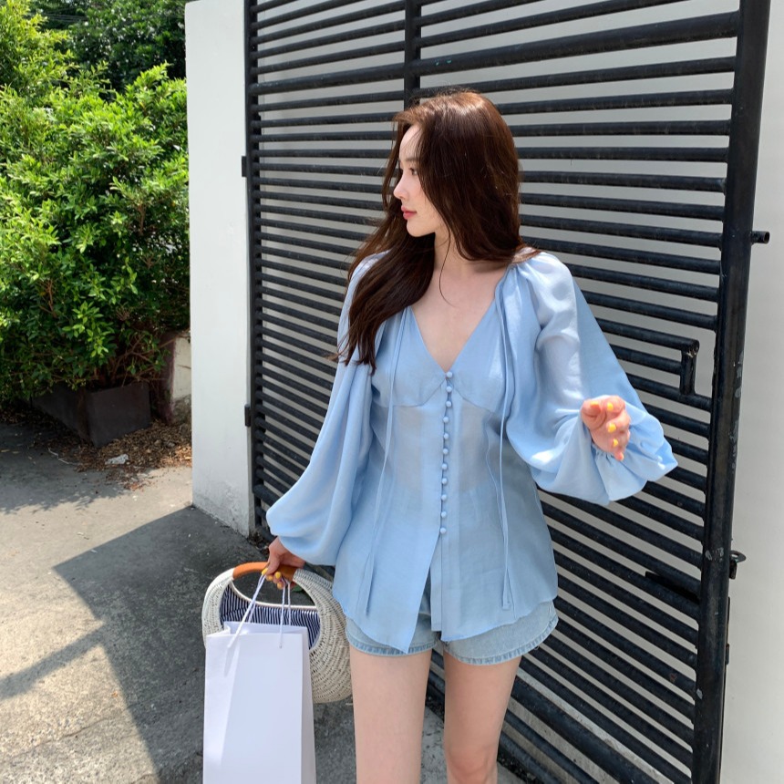 있음 선적 사이즈 업데이트 한국 chic 여름 새로운 V넥 레이스업 거품 소매 슬림해 보이는 싱글 줄 버튼 셔츠