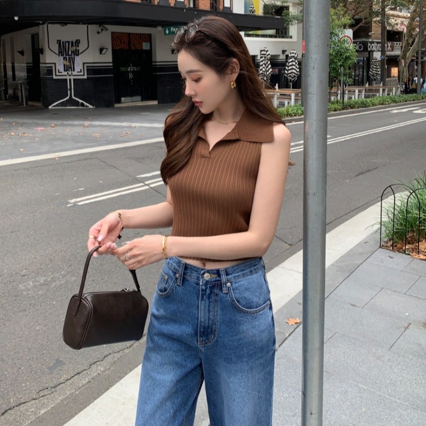 있음 선적 사이즈 업데이트 한국 chic 여름 새로운 프랑스식 디자인 센스 품격 폴로 칼라 민소매 니트 스웨터
