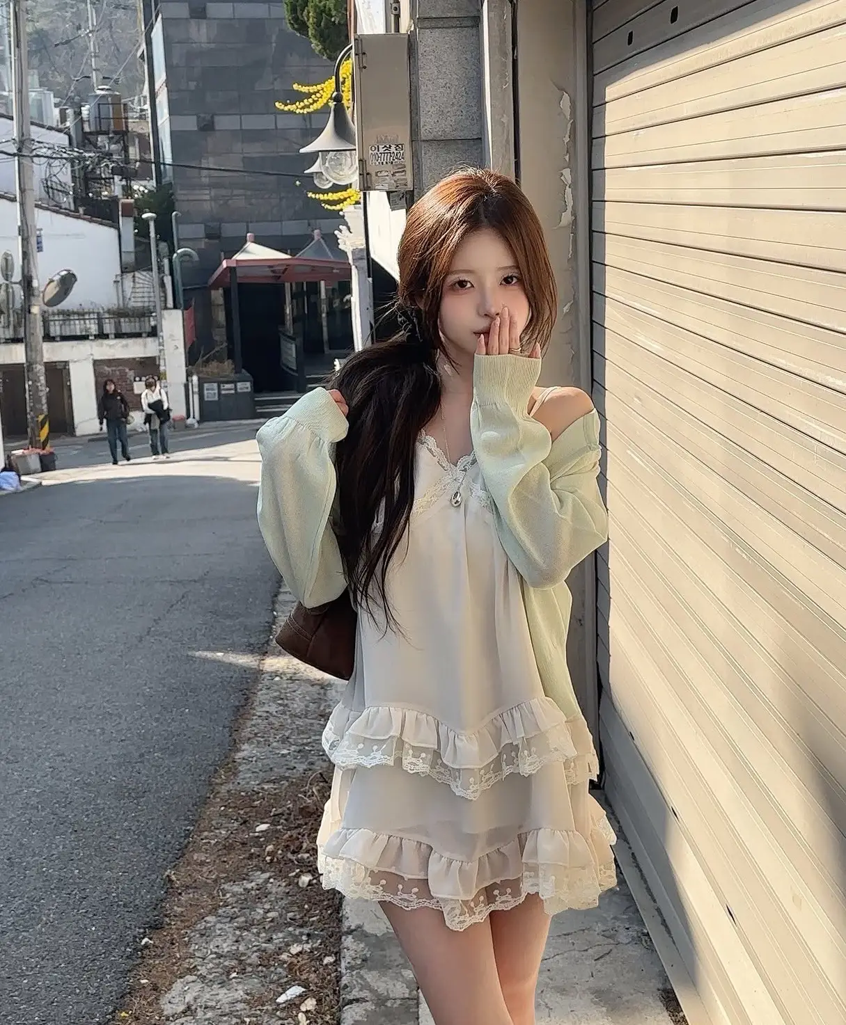 여성용 레이스 V넥 단추 스타일 원피스 상세 이미지 3
