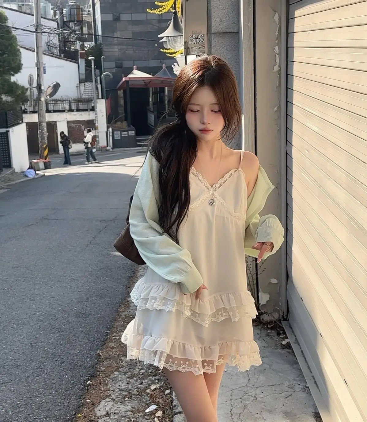 여성용 레이스 V넥 단추 스타일 원피스 상세 이미지 4