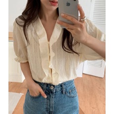 批发韩国chic夏季新款<b class='q'>甜美</b>纯色花边纽扣气质短袖衫