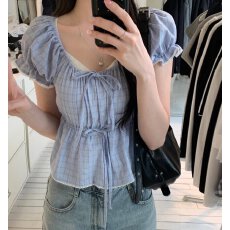 批发韩国chic夏季新款<b class='q'>甜美</b>格子拼接蕾丝蝴蝶结系带收腰娃娃衫