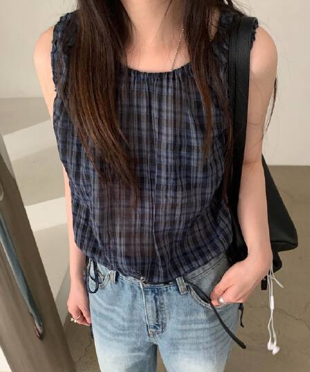 있음 선적 사이즈 업데이트 한국 chic 여름 새로운 달콤함 체크무늬 허리 펌프 로프 슬림해 보이는 민소매 셔츠