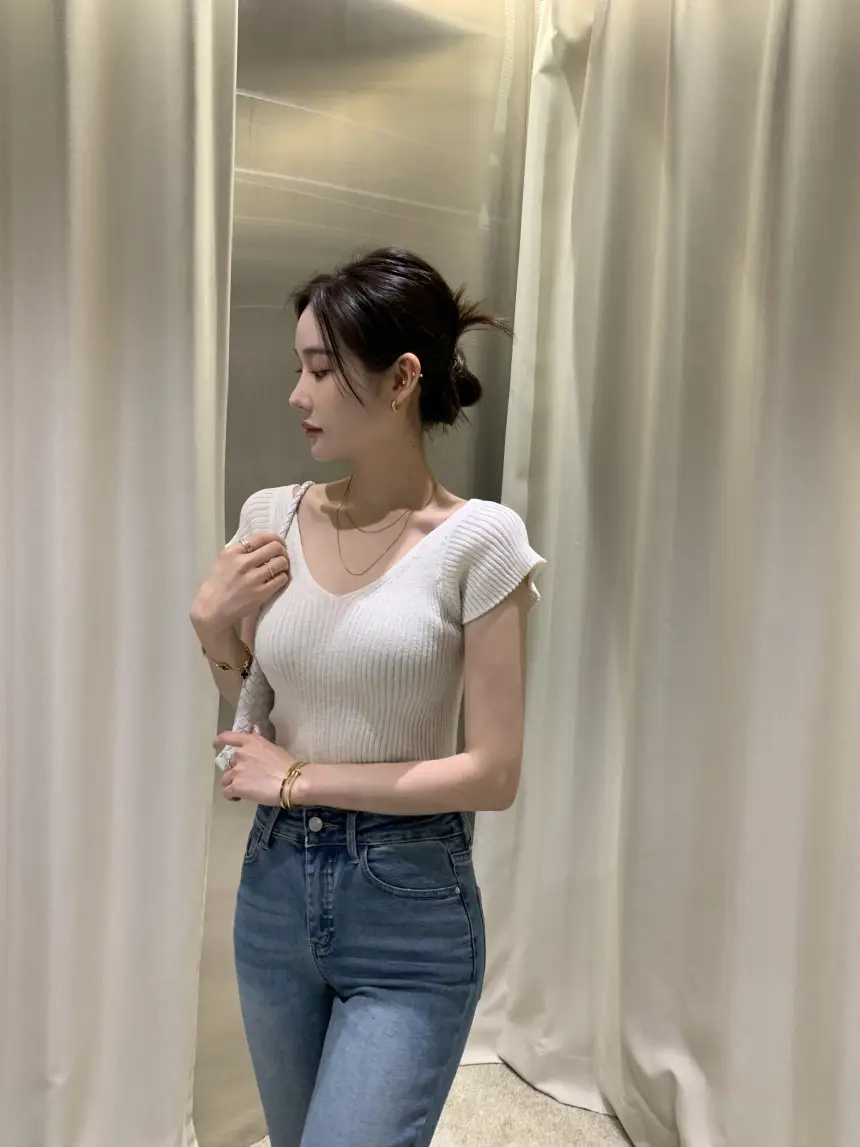 여성용 V넥 끈 조절 가능 단독 니트 셔츠 상세 이미지 2