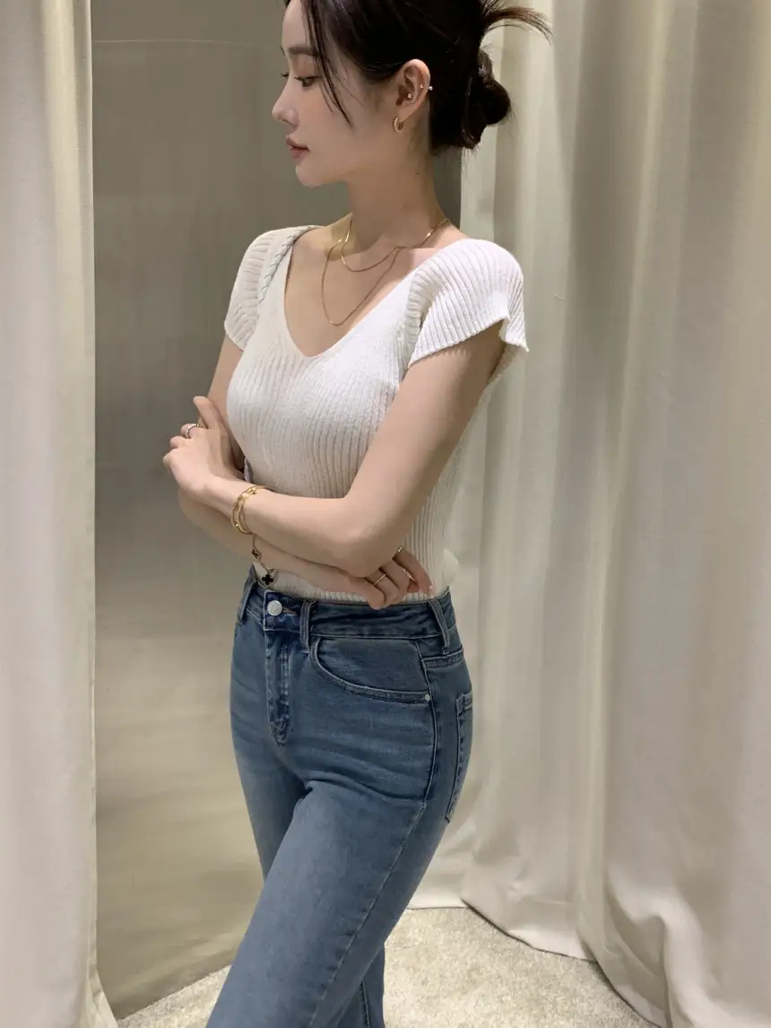 여성용 V넥 끈 조절 가능 단독 니트 셔츠 상세 이미지 5