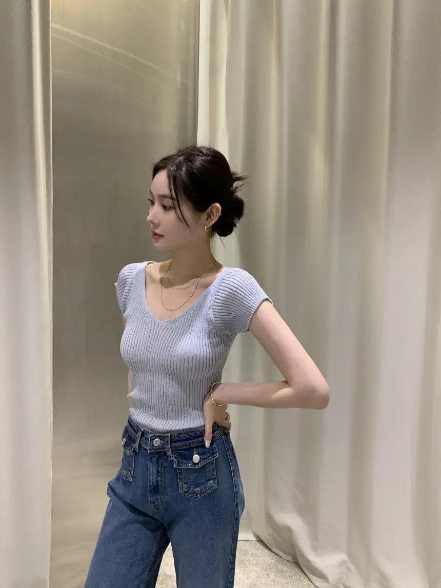 여성용 V넥 끈 조절 가능 단독 니트 셔츠 상세 이미지 13