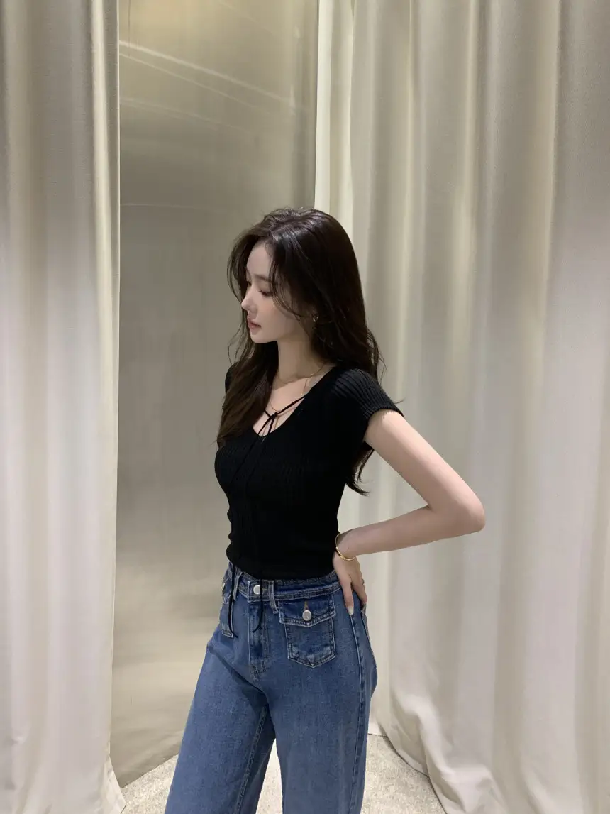 여성용 V넥 끈 조절 가능 단독 니트 셔츠 상세 이미지 14