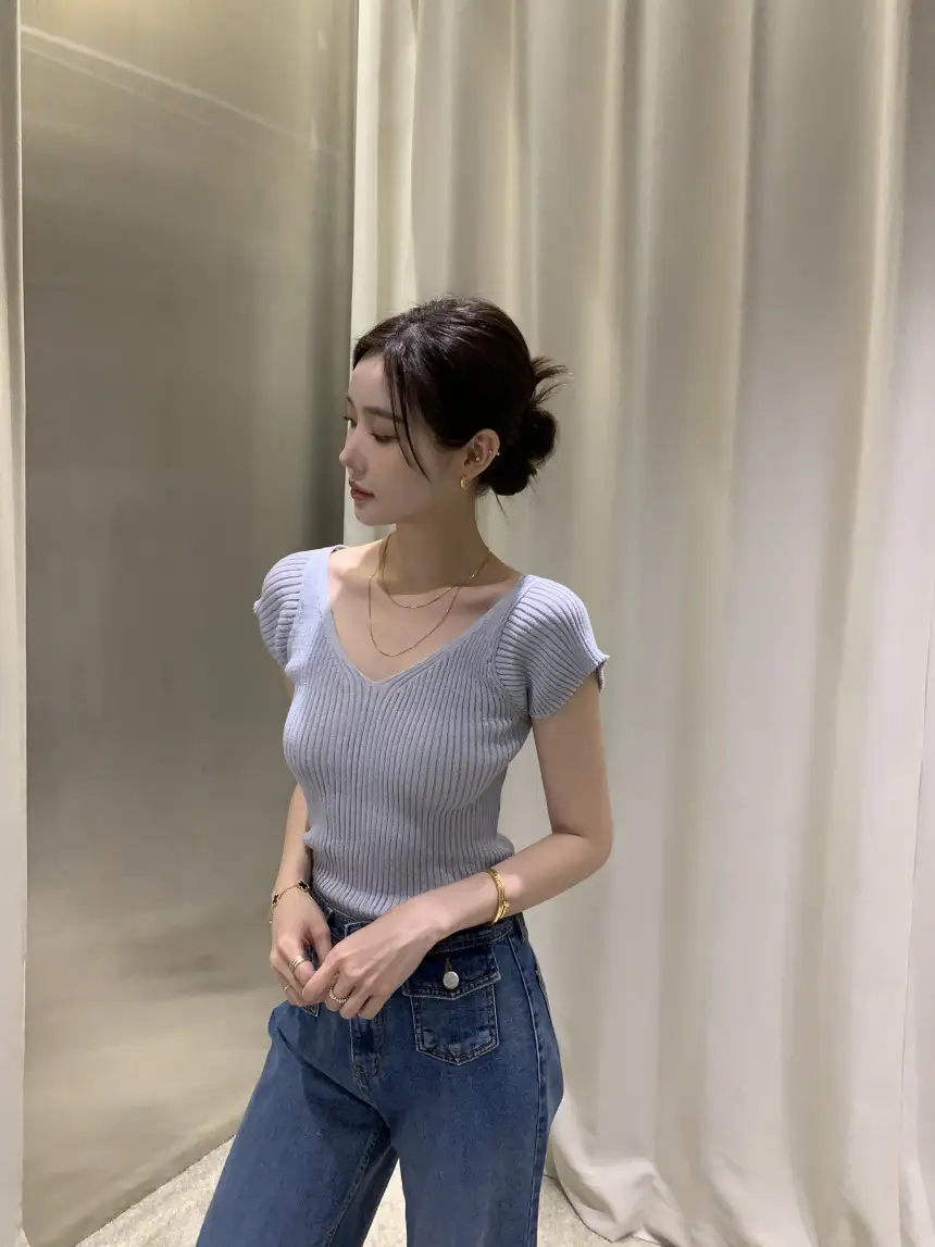 여성용 V넥 끈 조절 가능 단독 니트 셔츠 상세 이미지 17