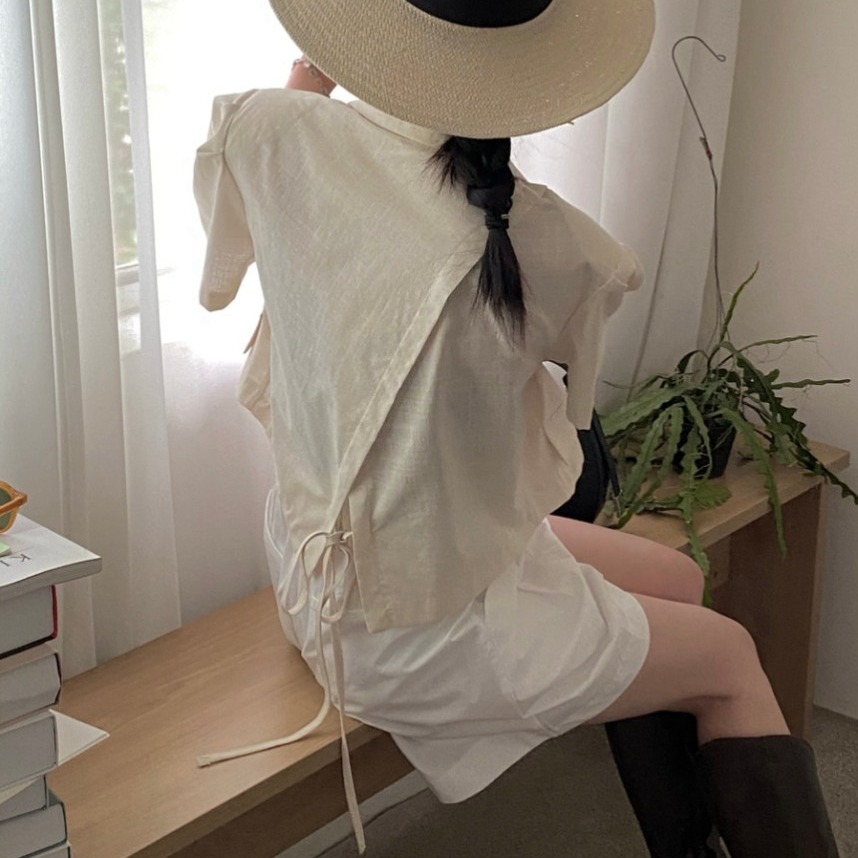 있음 선적 사이즈 업데이트 한국 chic 여름 새로운 뒤로 레이스업 거품 소매 루즈핏 작은 열림 셔츠 재킷