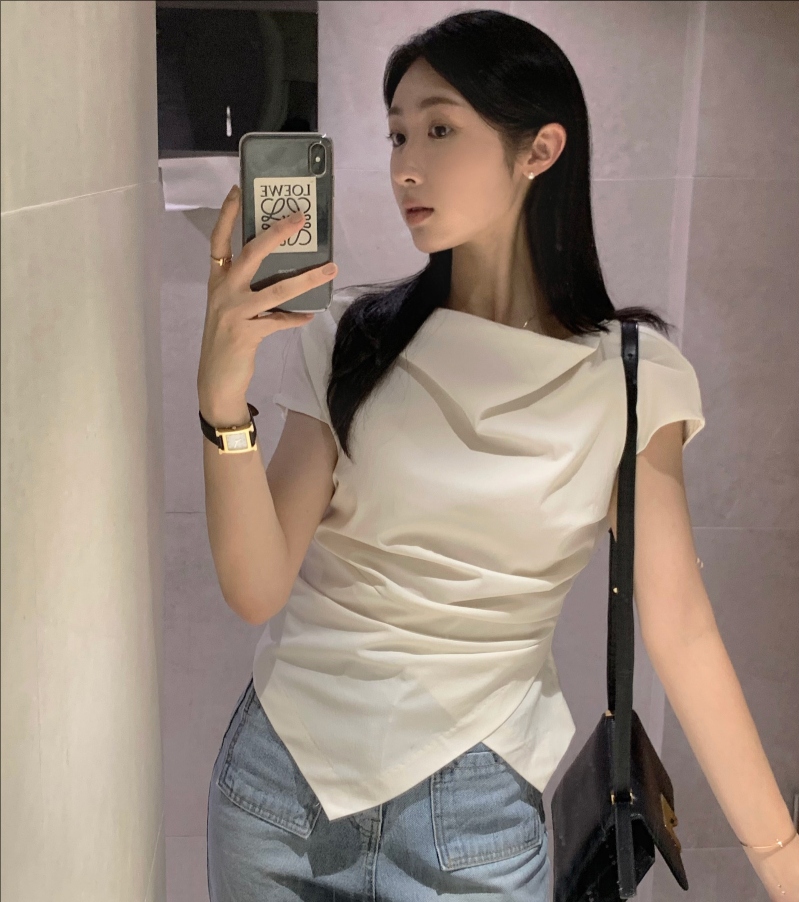 한국 chic 여름 새로운 디자인 센스 칼라 품격 허리 주름 불규칙 반팔 셔츠