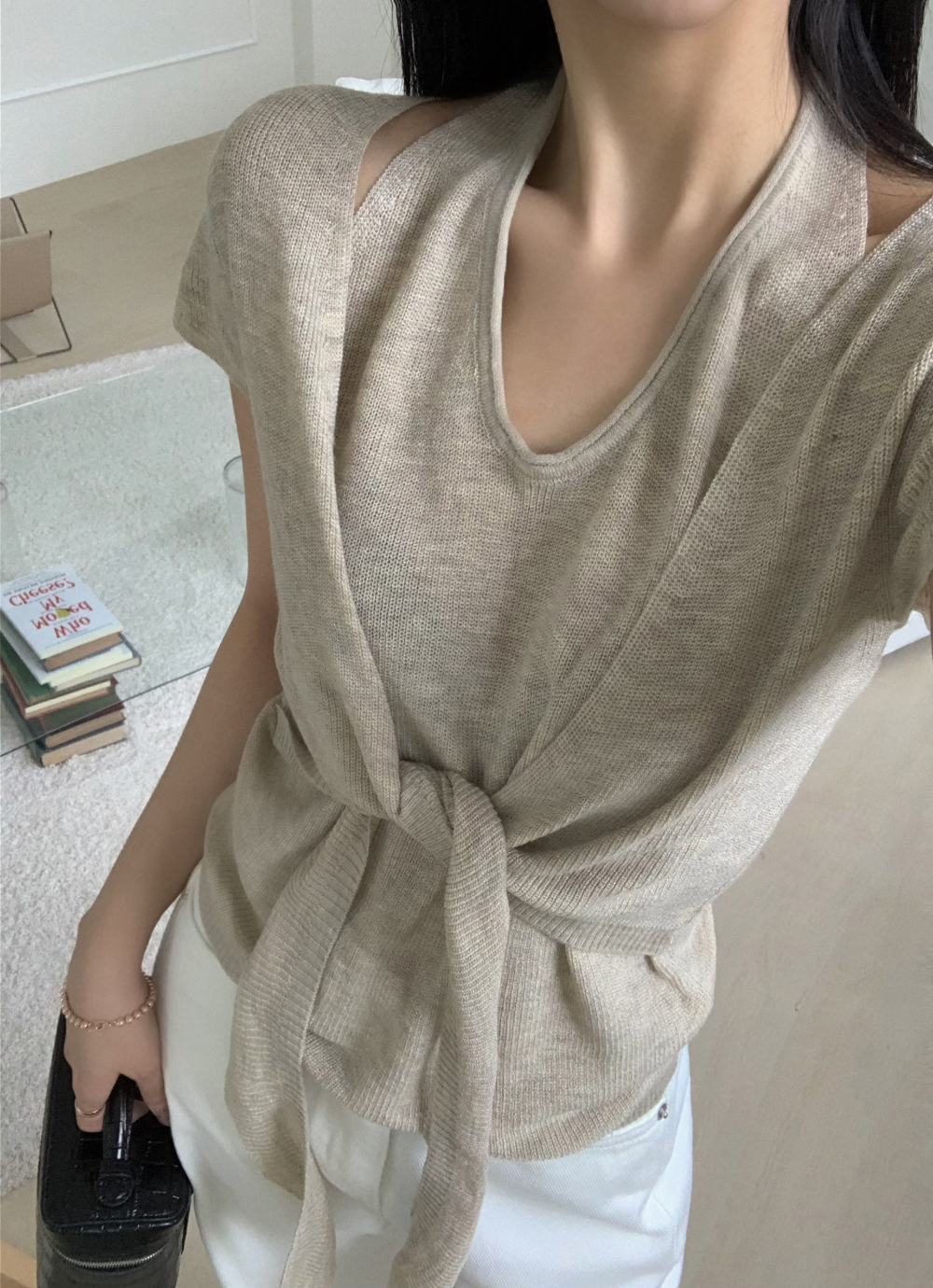 한국 chic 여름 새로운 품격 디자인 센스 페이크 레이어드 매듭이 달린 다용도 슬림해 보이는 니트 반팔 셔츠