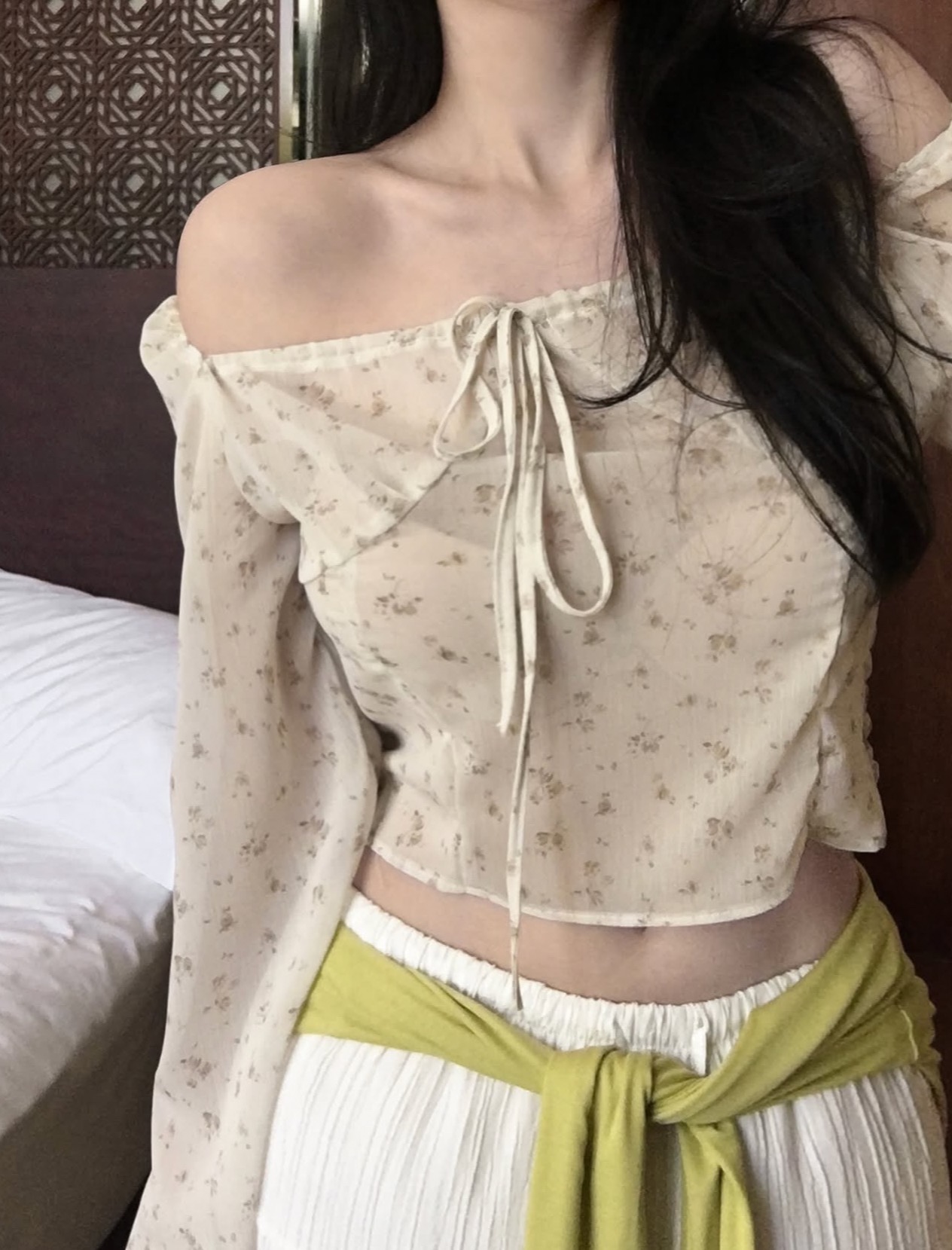 한국 chic 여름 새로운 프랑스식 프린트 펌프 로프 칼라 수 있습니다. 오프숄더 달콤함 다용도 얇은 스타일 셔츠