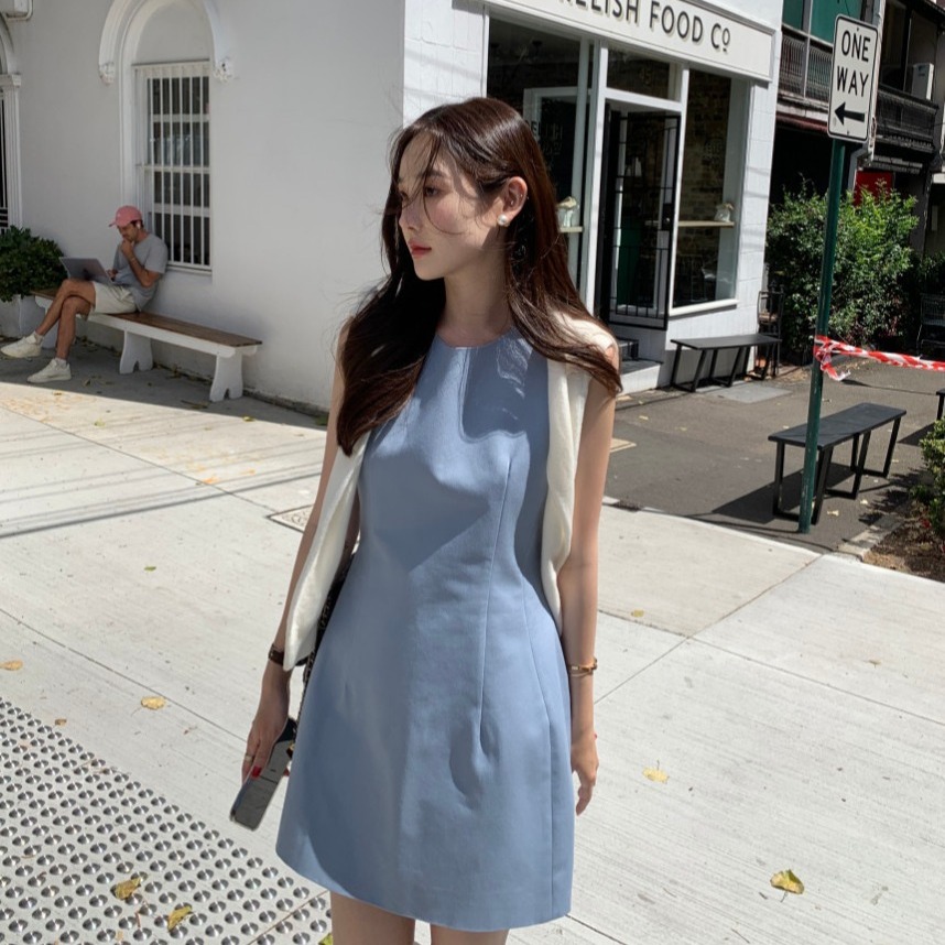 있음 선적 사이즈 업데이트 한국 chic 새로운 프랑스식 미니멀리즘 라운드 넥 품격 민소매 드레스