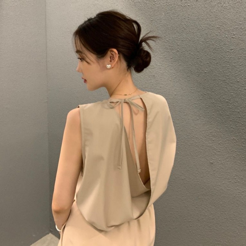 있음 선적 사이즈 업데이트 chic 여름 새로운 뒤로 홀로우 아웃 레이스업 민소매 여성 셔츠 슬림해 보이는 품격 맨위