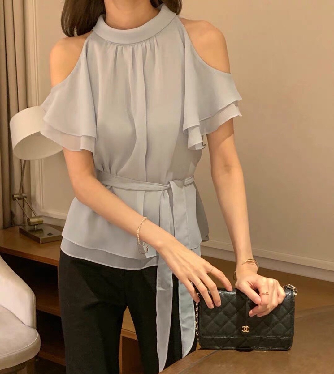 한국 chic 여름 새로운 달콤함 부드러운 바람 스택 층 연꽃 잎 소매 오프숄더 부서 벨트 셔츠