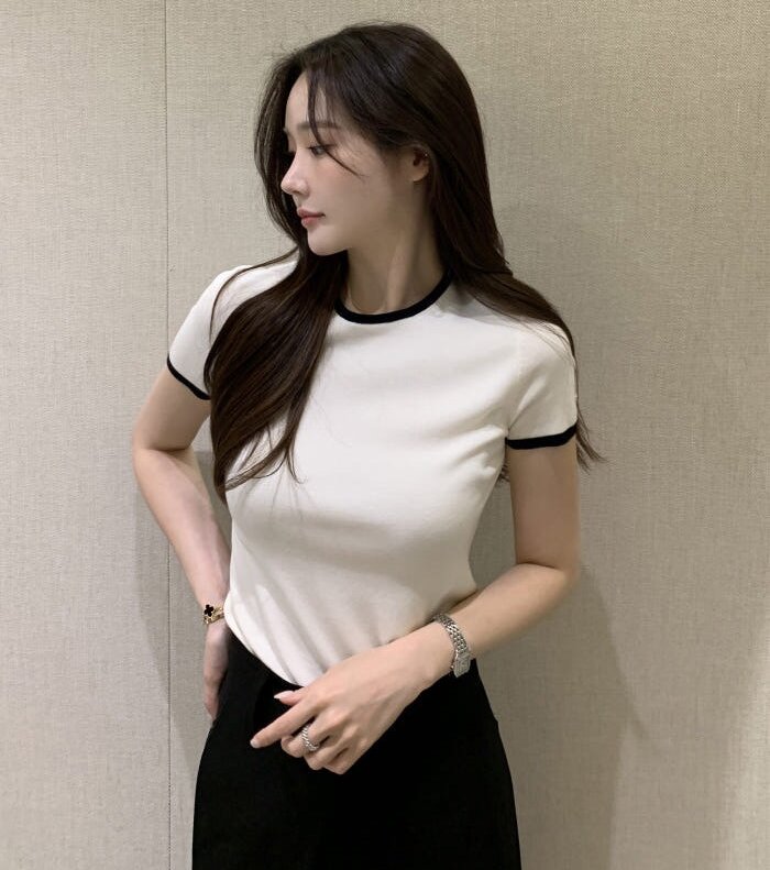 있음 선적 사이즈 업데이트 한국 chic 여름 새로운 얇은 스타일 프랑스식 배색 품격 반팔 니트 스웨터
