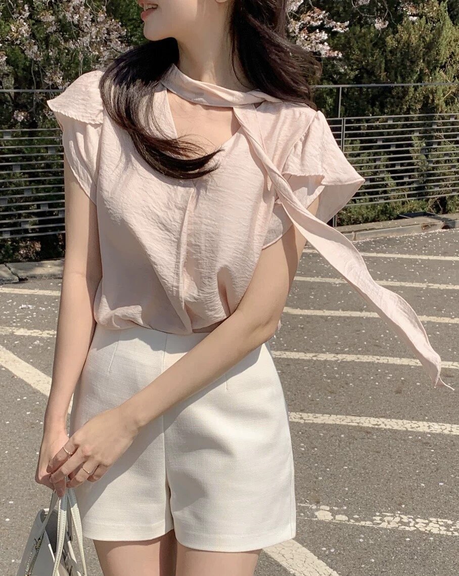 한국 chic 여름 새로운 부드러운 바람 리본 나비 매듭 V넥 반팔 셔츠