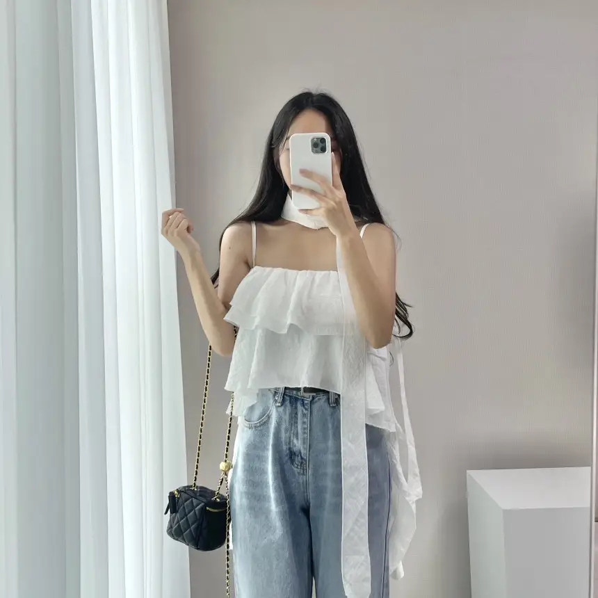 프리미엄 블랙 화이트 프릴 브라탑 셔츠 상세 이미지 1