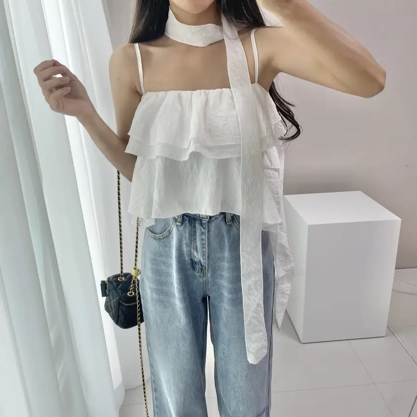 프리미엄 블랙 화이트 프릴 브라탑 셔츠 상세 이미지 3