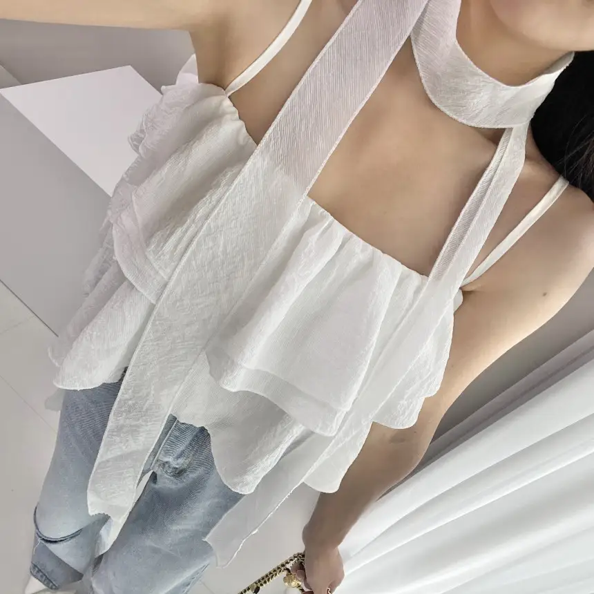 프리미엄 블랙 화이트 프릴 브라탑 셔츠 상세 이미지 6