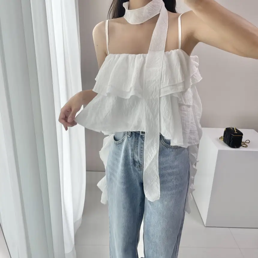 프리미엄 블랙 화이트 프릴 브라탑 셔츠 상세 이미지 8