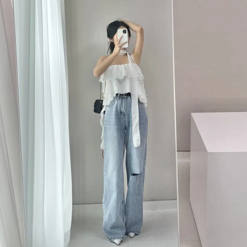 프리미엄 블랙 화이트 프릴 브라탑 셔츠 상세 이미지 9