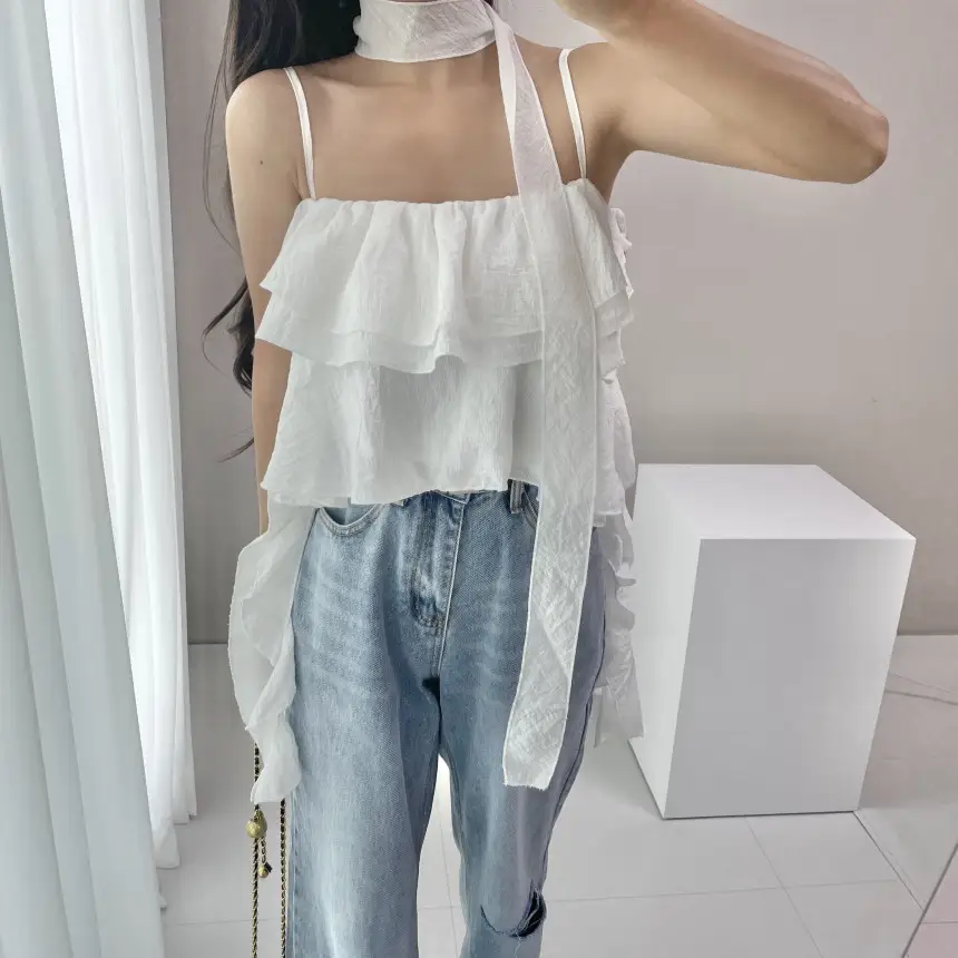 프리미엄 블랙 화이트 프릴 브라탑 셔츠 상세 이미지 10