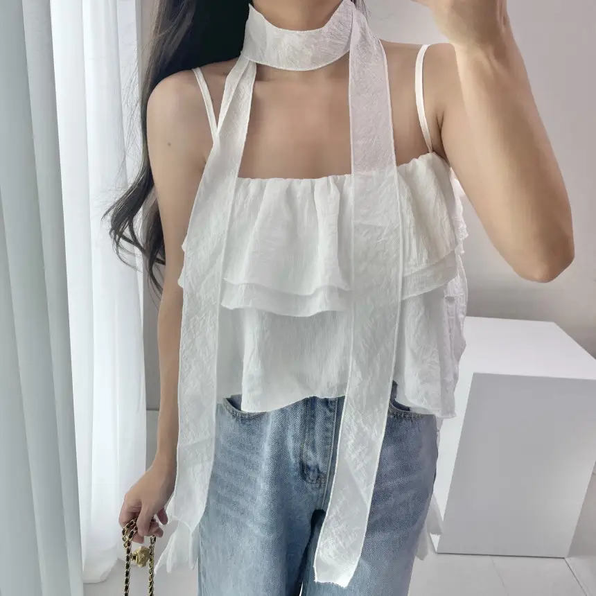 프리미엄 블랙 화이트 프릴 브라탑 셔츠 상세 이미지 12
