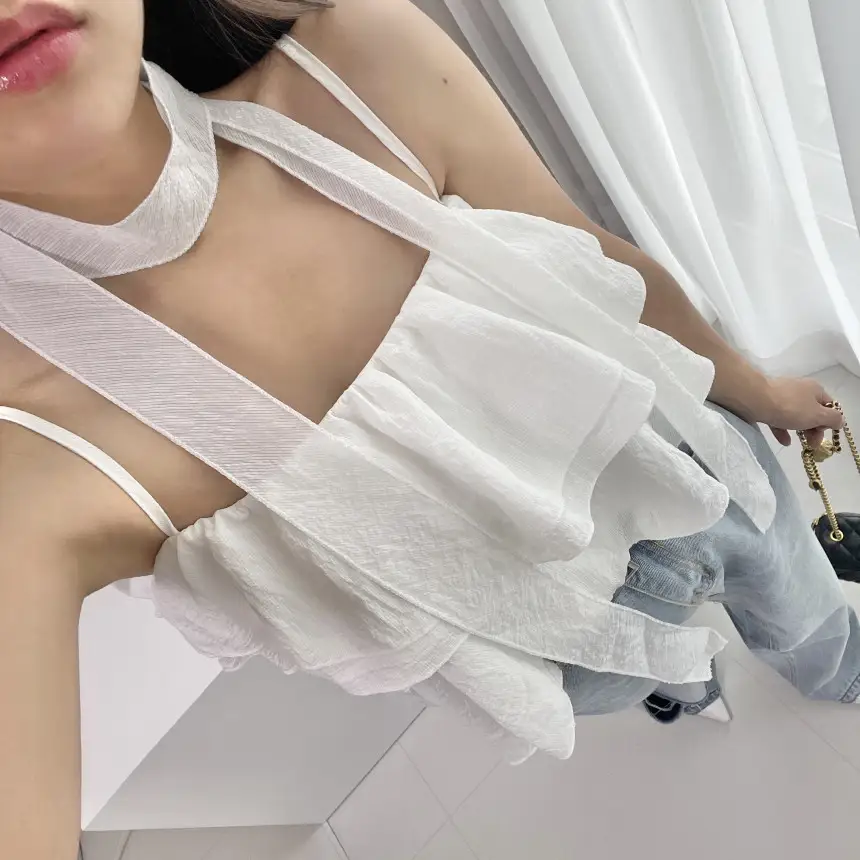 프리미엄 블랙 화이트 프릴 브라탑 셔츠 상세 이미지 15