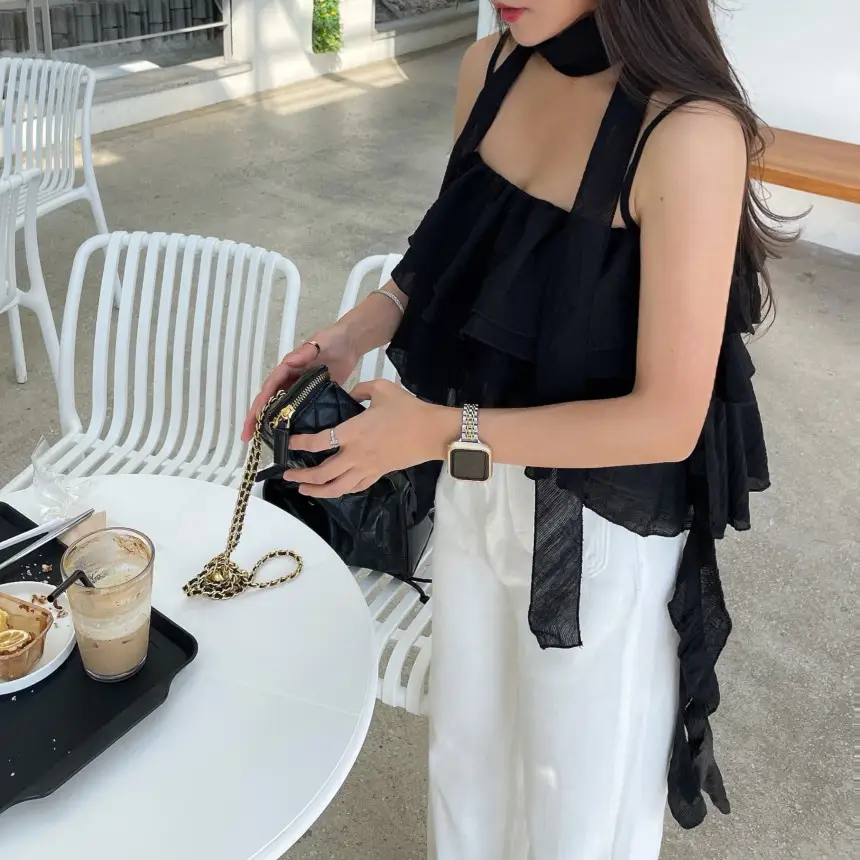 프리미엄 블랙 화이트 프릴 브라탑 셔츠 상세 이미지 21