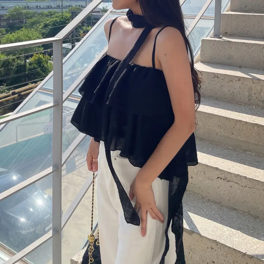 프리미엄 블랙 화이트 프릴 브라탑 셔츠 상세 이미지 25