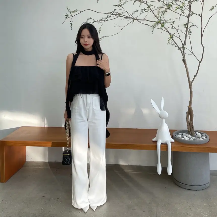 프리미엄 블랙 화이트 프릴 브라탑 셔츠 상세 이미지 27