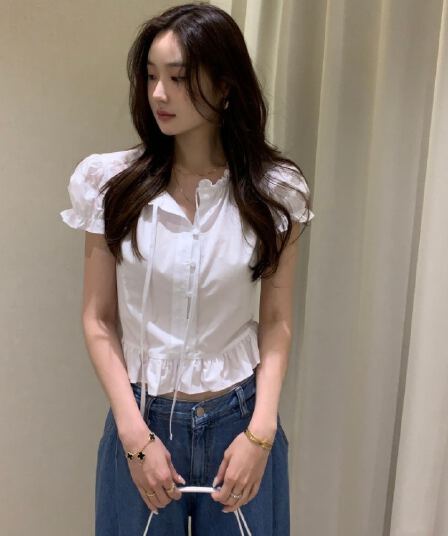 있음 선적 사이즈 업데이트 한국 chic 여름 새로운 달콤함 디자인 센스 레이스업 레이스 슬림해 보이는 쇼트 스타일 작은 셔츠