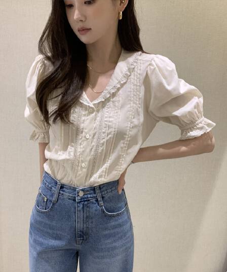 있음 선적 사이즈 업데이트 한국 chic 여름 새로운 달콤함 베이비 칼라 패치워크 레이스 측면 품격 반팔 셔츠